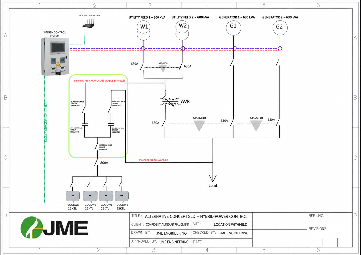 Anonymised single-line diagram for utility, dual-genset and solar PV control integration by JME Energy & Automation