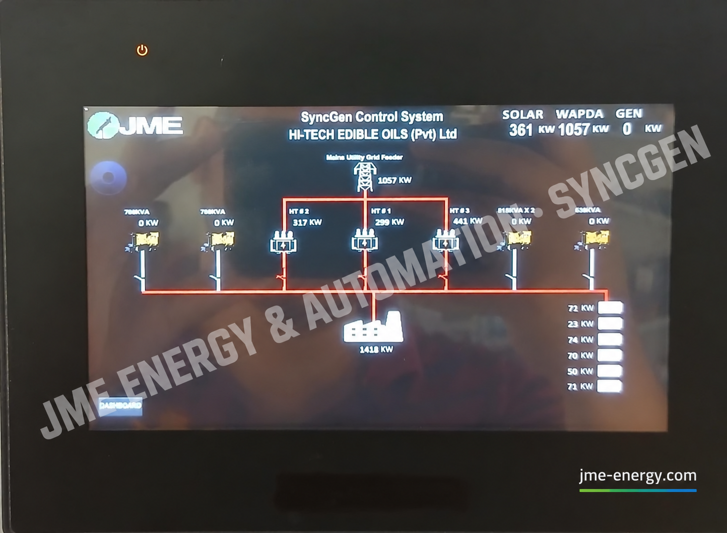 JME SyncGen multi-genset common-bus SCADA at Hi-Tech Edible Oils showing WAPDA, solar, generator and plant load control