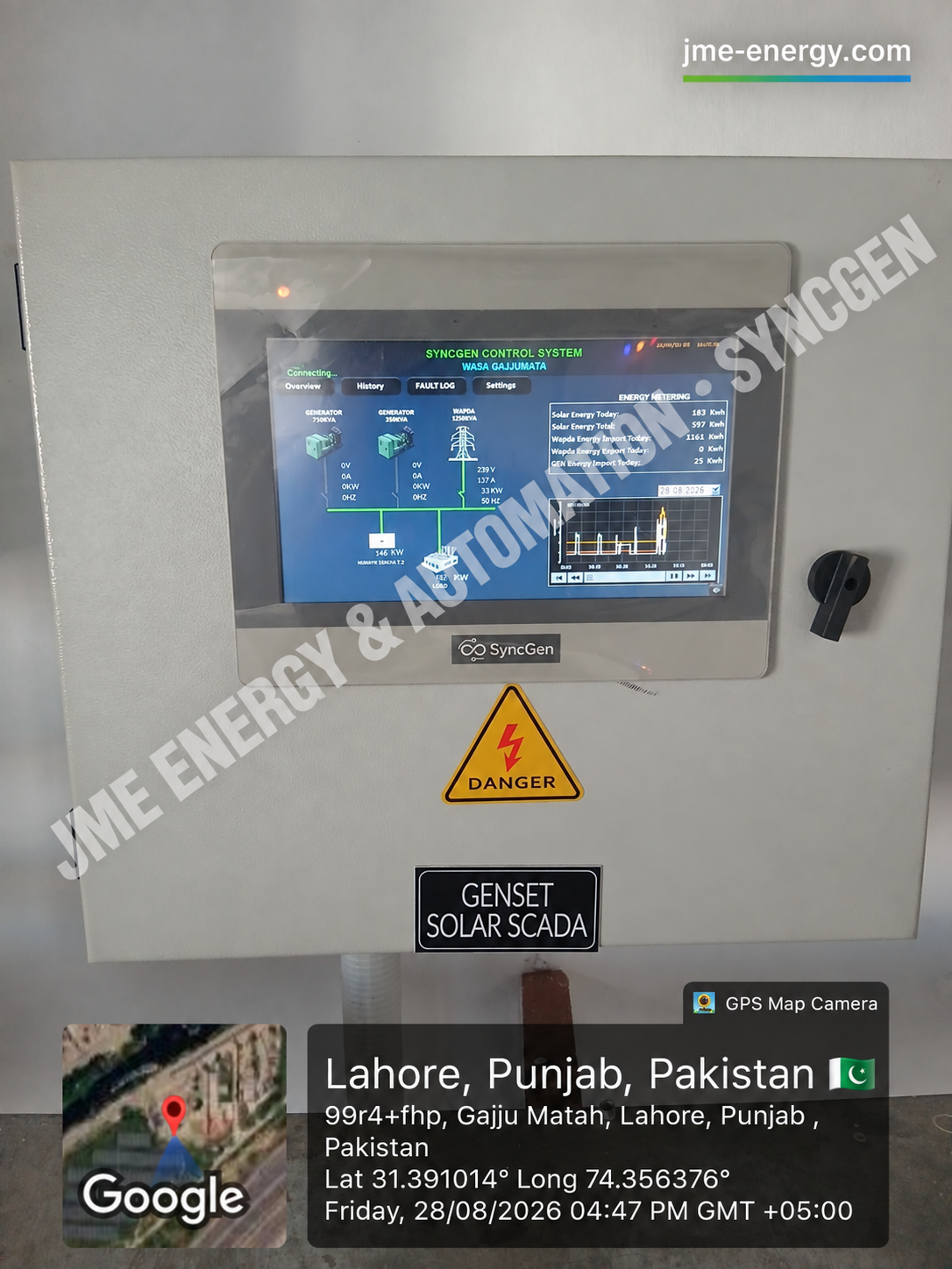 JME SyncGen PV genset SCADA panel at WASA Gajjumata Lahore showing solar, WAPDA, generator and load energy monitoring